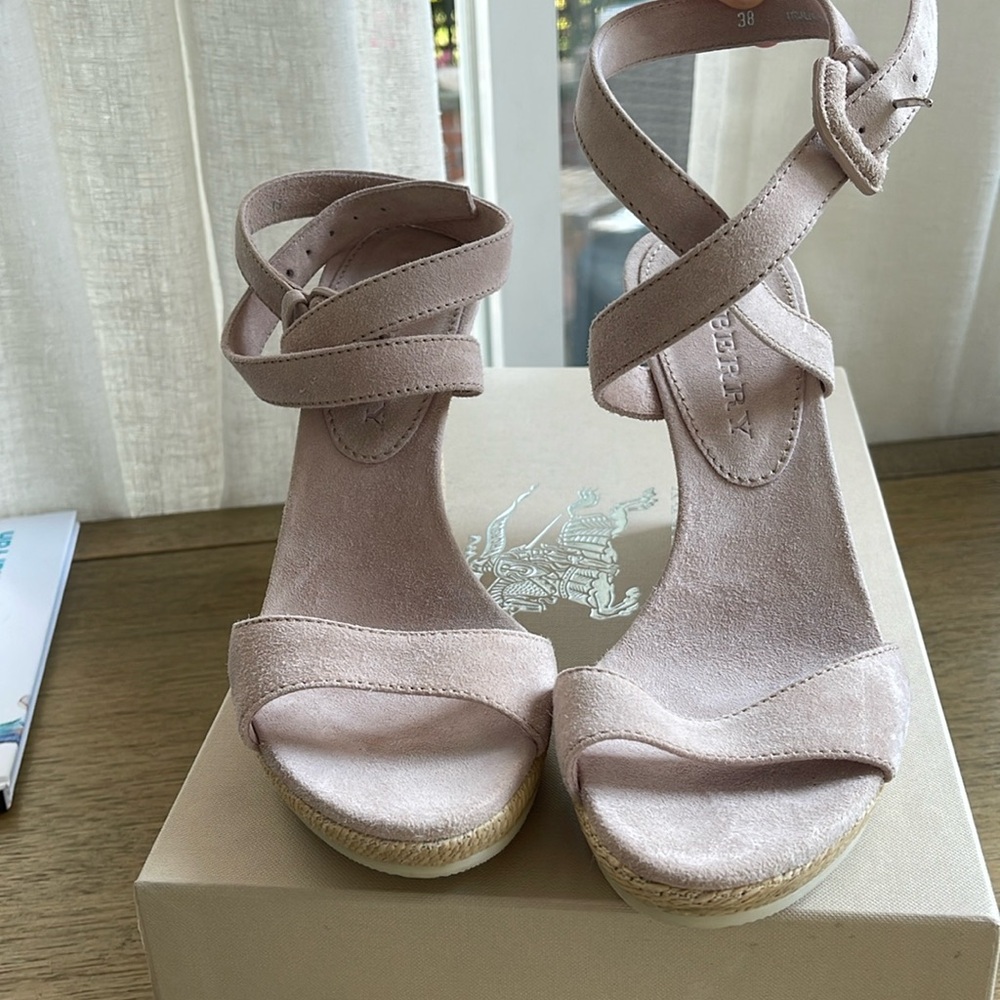 Burberry Leather Buckle Suede Woven Wedge Sandal